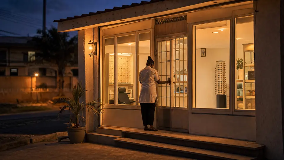 The same small clinic at dusk with its lights on, a staff member locking up seen from behind